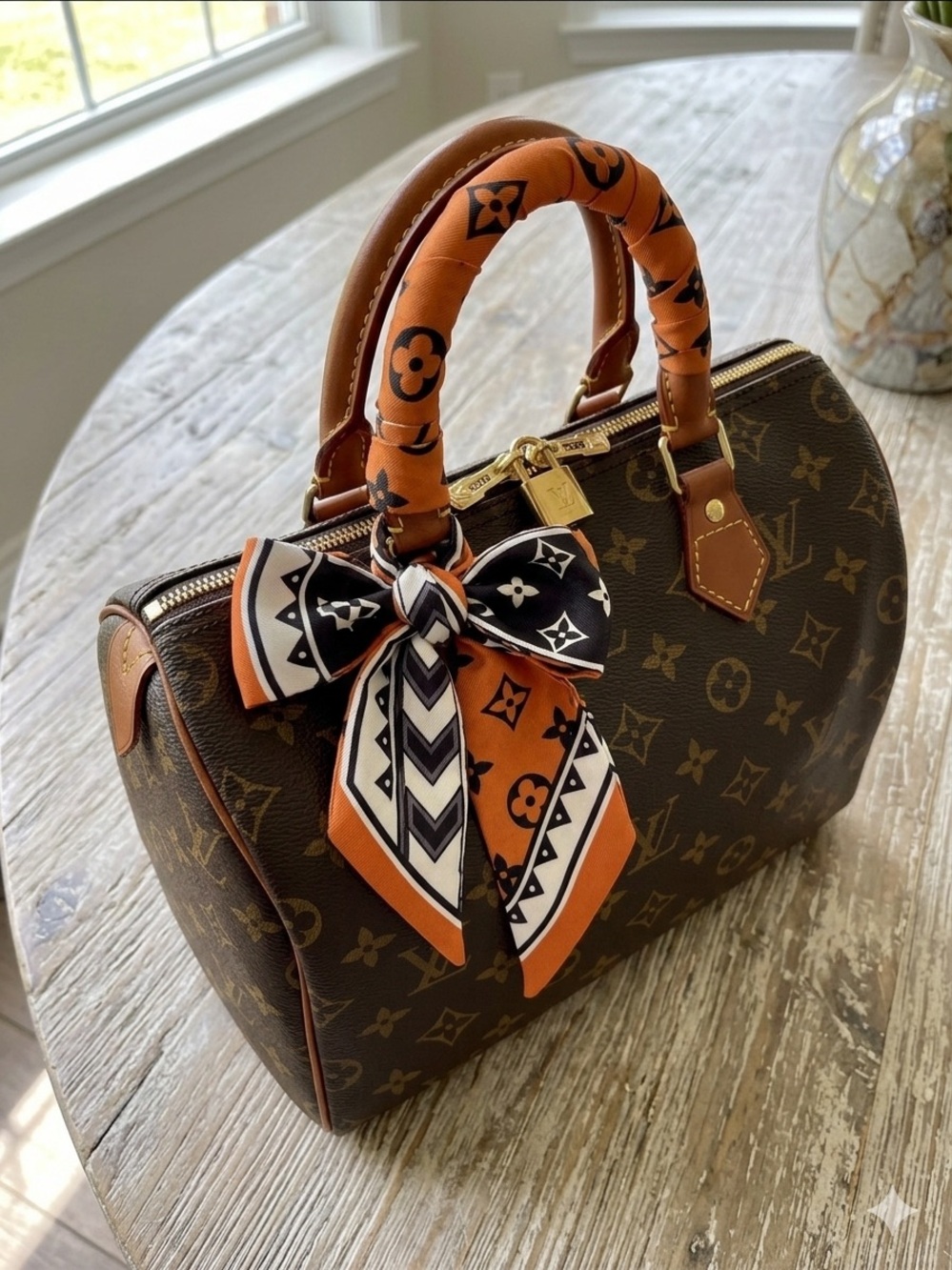 Orange and Black Monogram Patterned Twilly Bandeau Scarf Wrap 🩷